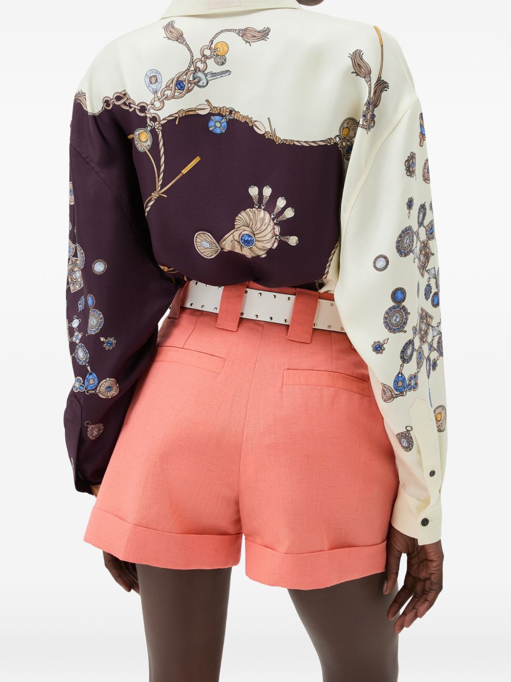 VERSACE Camicia in seta avorio e bordeaux con stampa multicolor