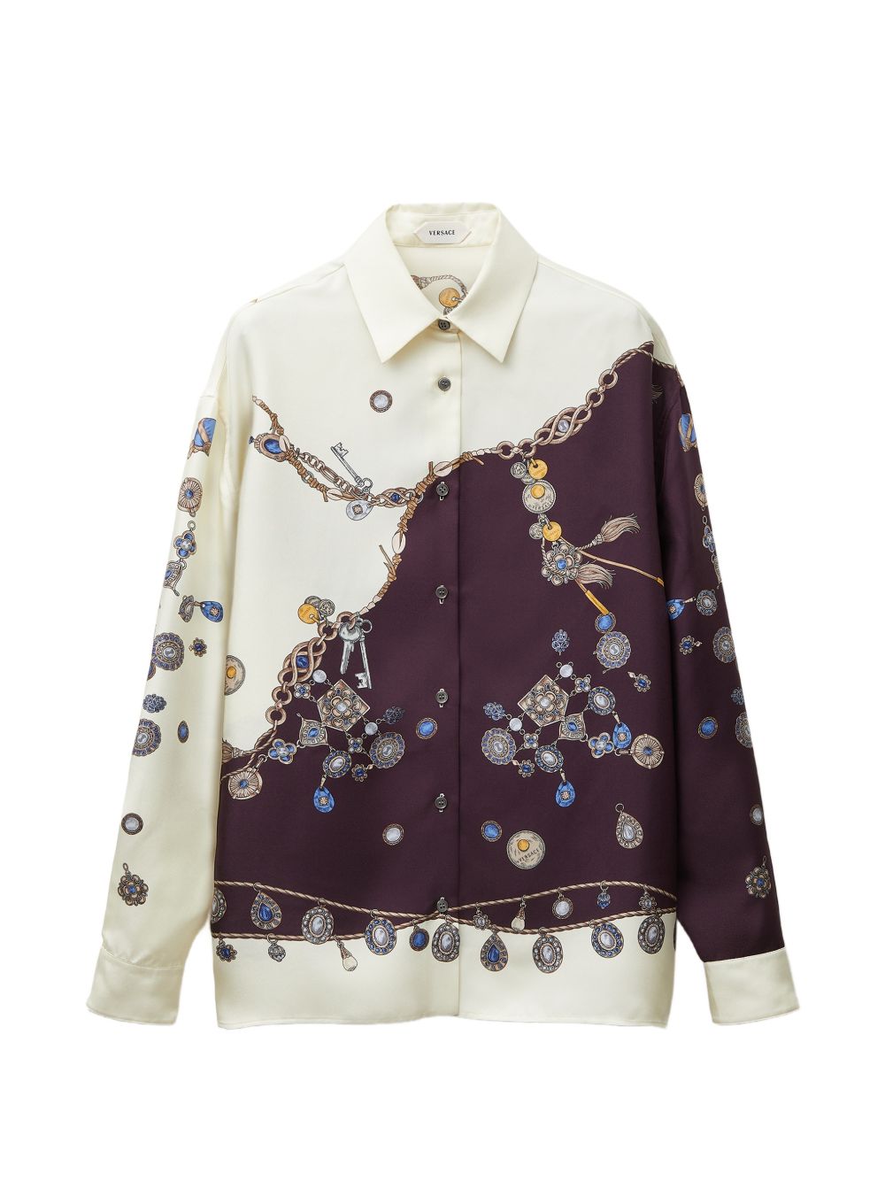 VERSACE Camicia in seta avorio e bordeaux con stampa multicolor