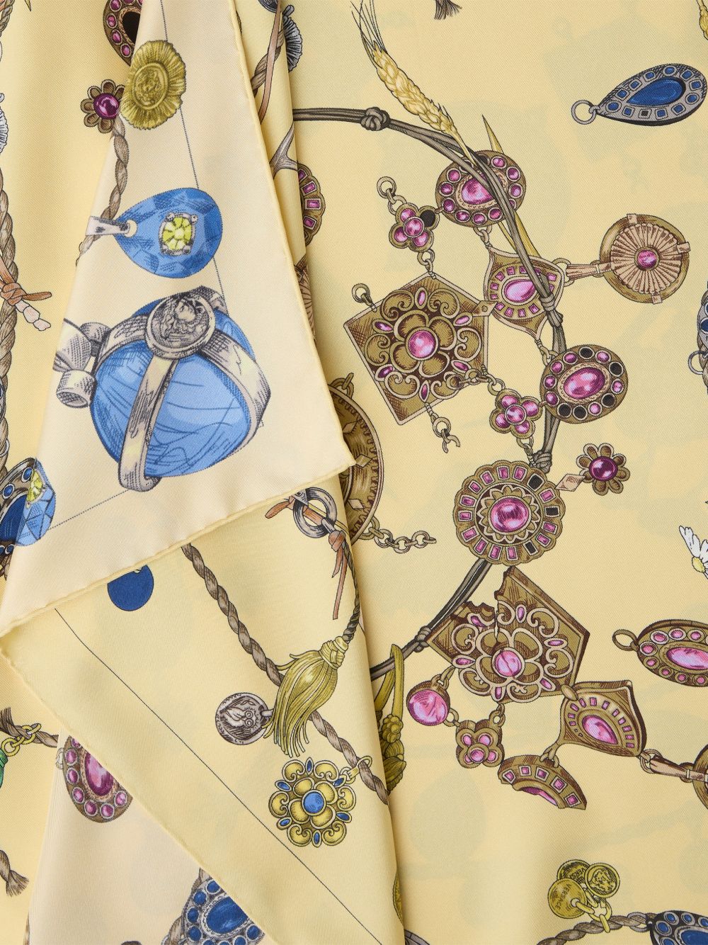 VERSACE Gonna midi in seta Broken Jewels gialla con stampa gioielli multicolor