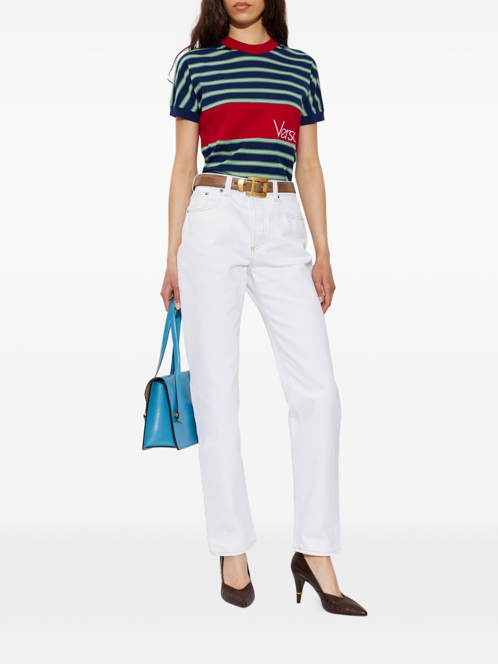 VERSACE T-shirt a righe in cotone con dettaglio rosso e logo ricamato