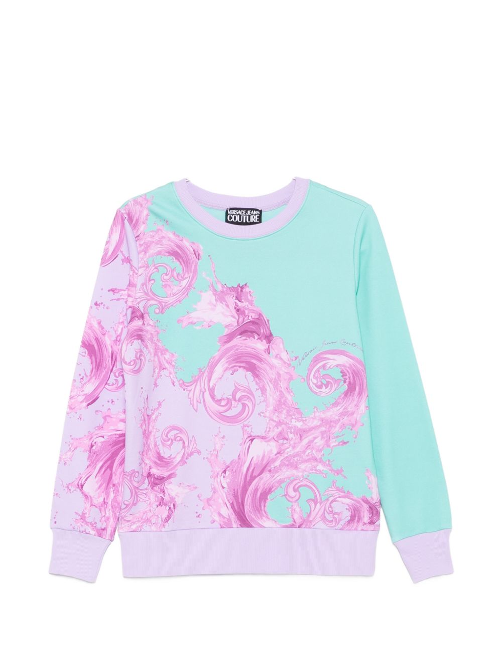 VERSACE JEANS COUTURE Felpa celeste con stampa grafica rosa