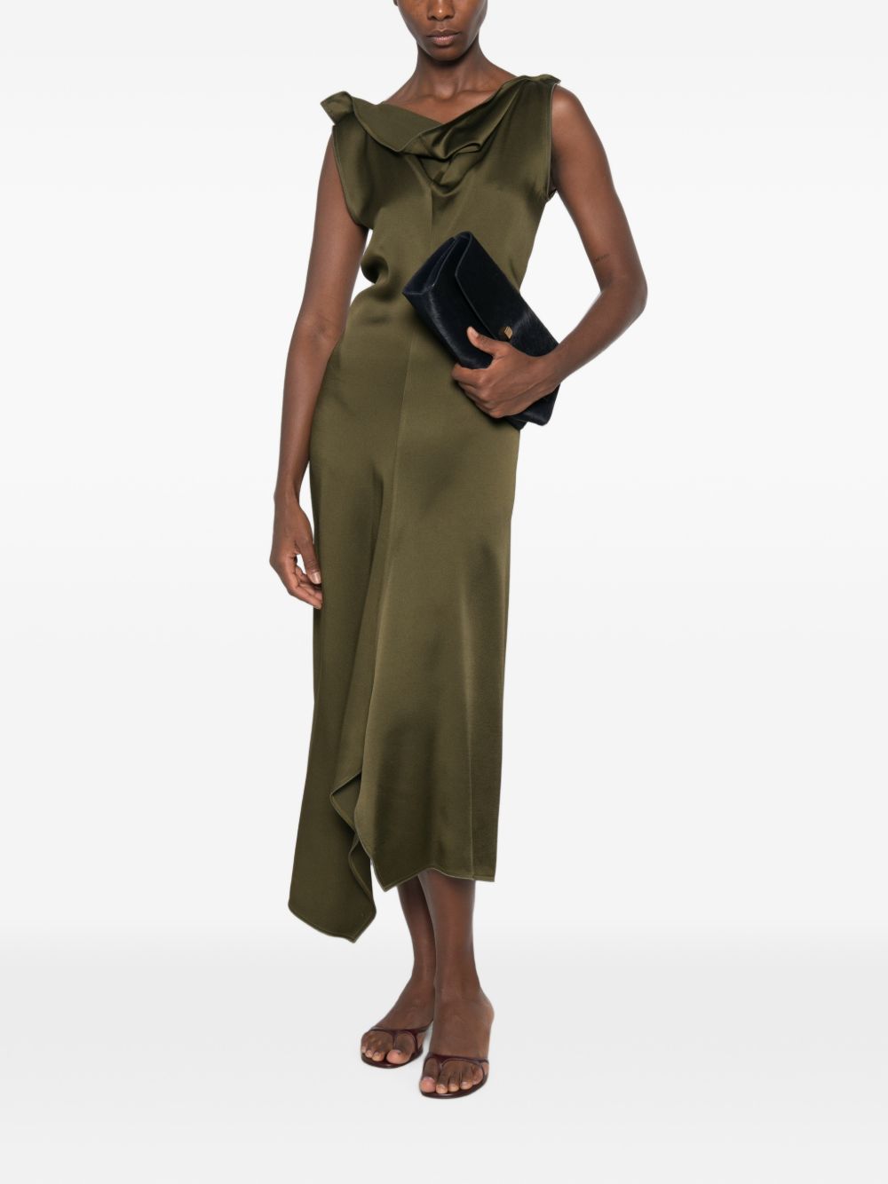 VICTORIA BECKHAM Abito midi asimmetrico con collo drappeggiato verde lucido