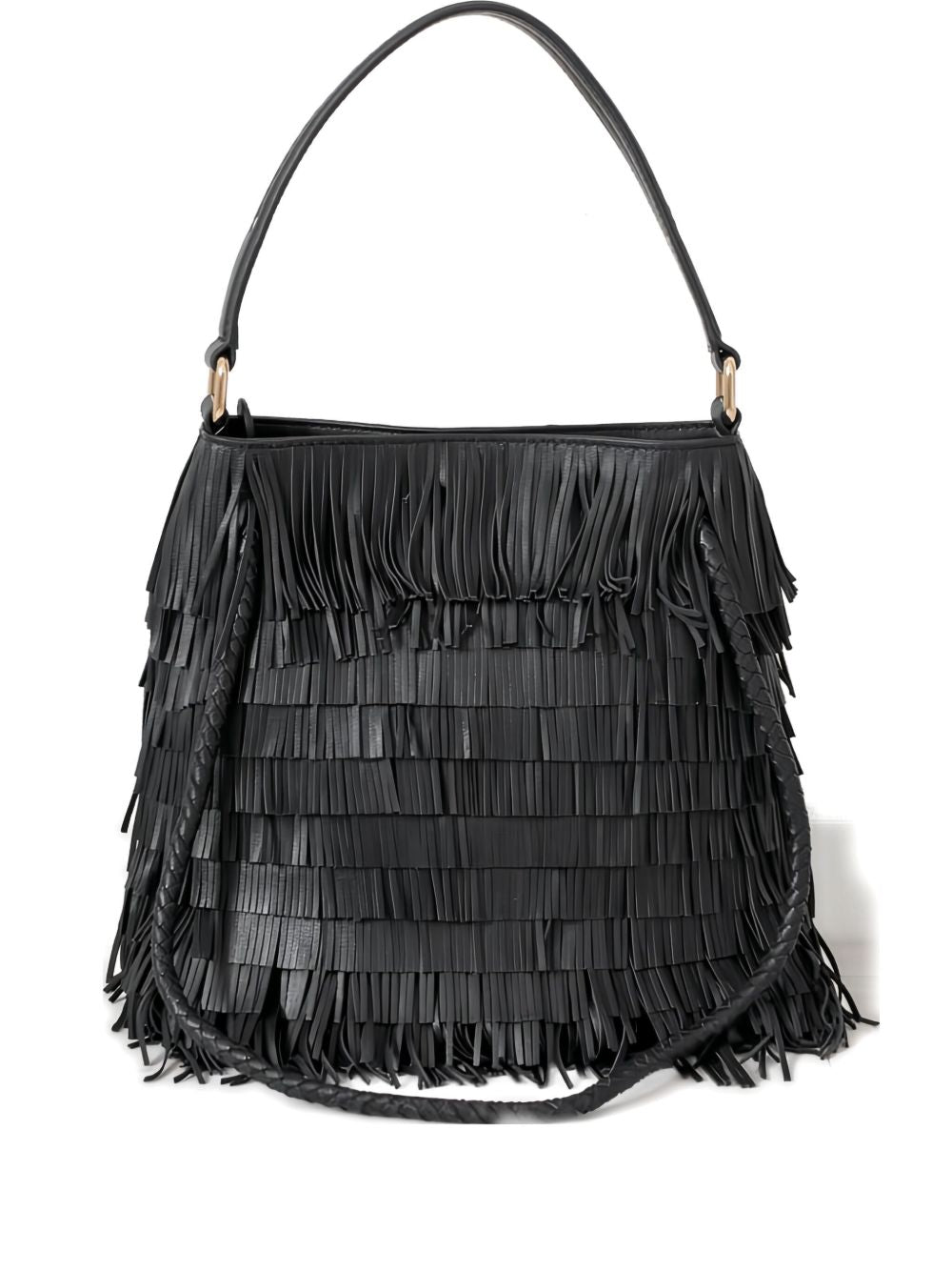 VISONA Borsa in pelle Nappa con frange all-over nera