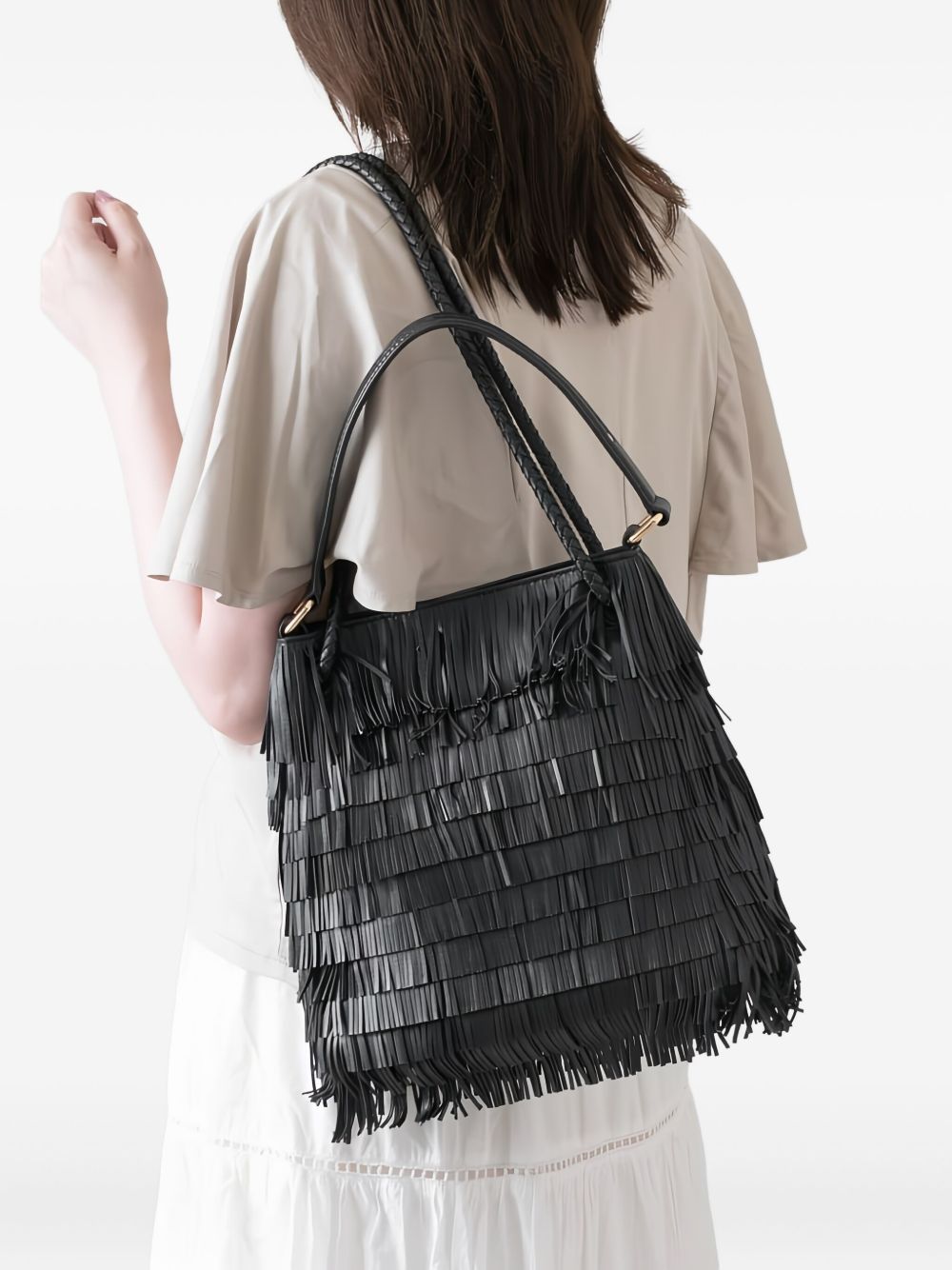 VISONA Borsa in pelle Nappa con frange all-over nera