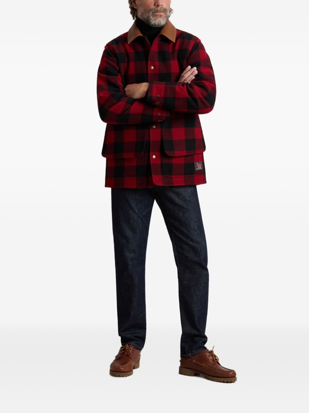 WOOLRICH Cappotto corto in lana a quadri rossi con colletto in velluto marrone