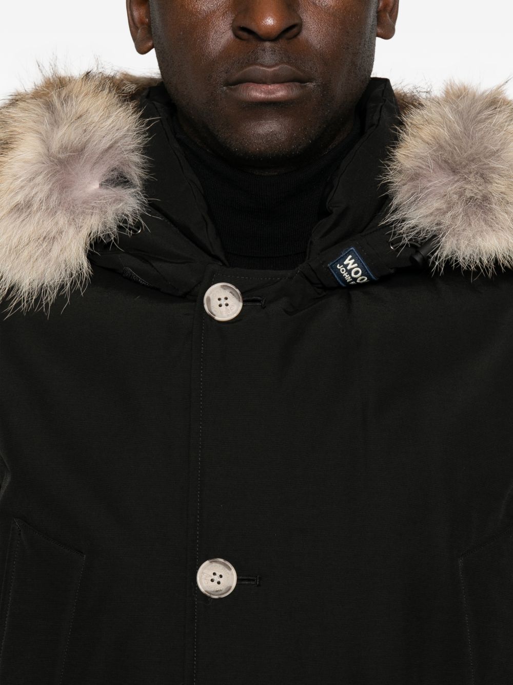 WOOLRICH Parka nero con cappuccio e pelliccia