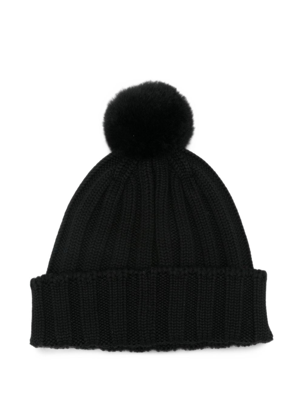 WOOLRICH Cappello nero in lana a coste con pon pon
