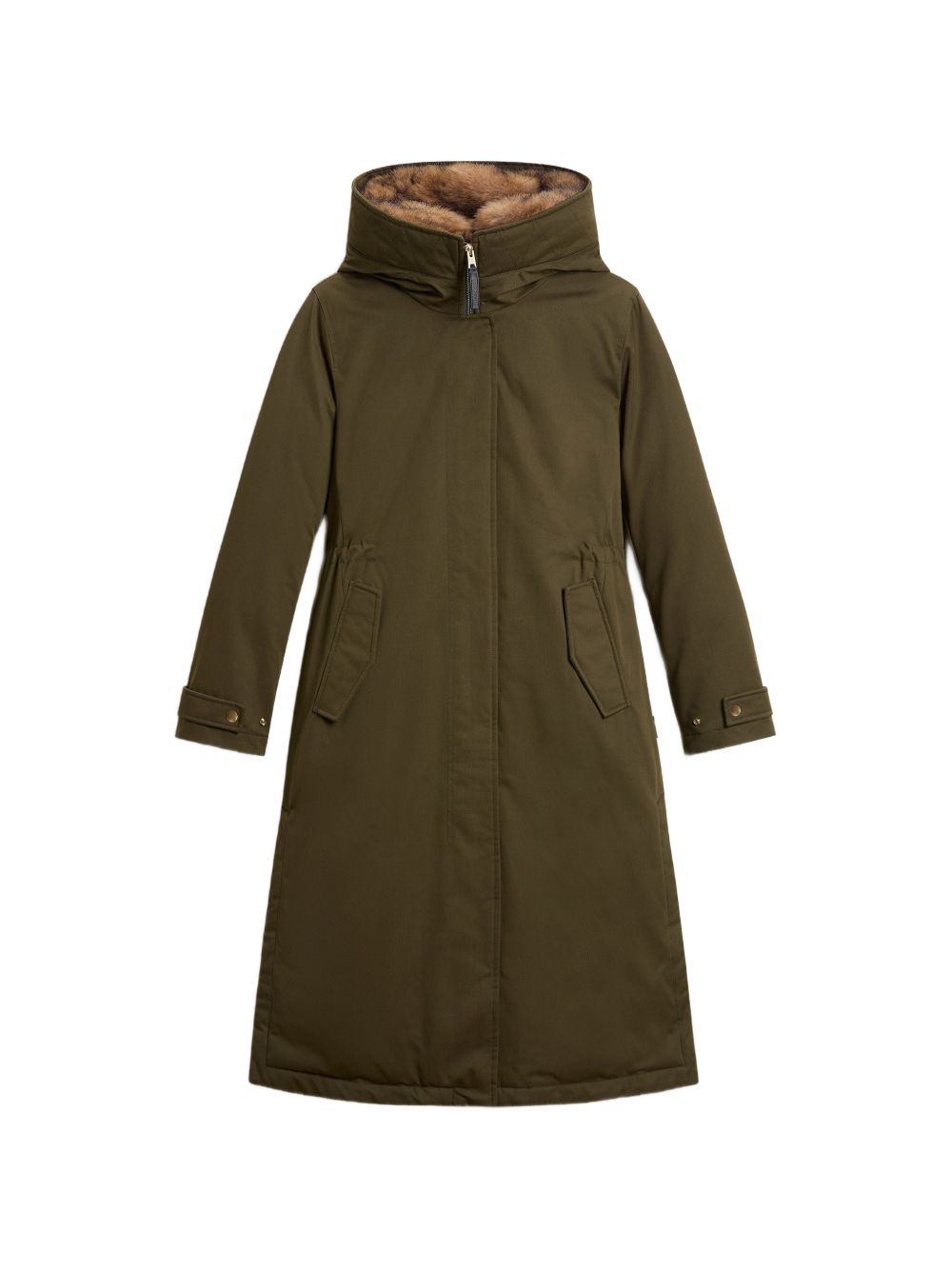WOOLRICH Parka lungo verde oliva con cappuccio imbottito