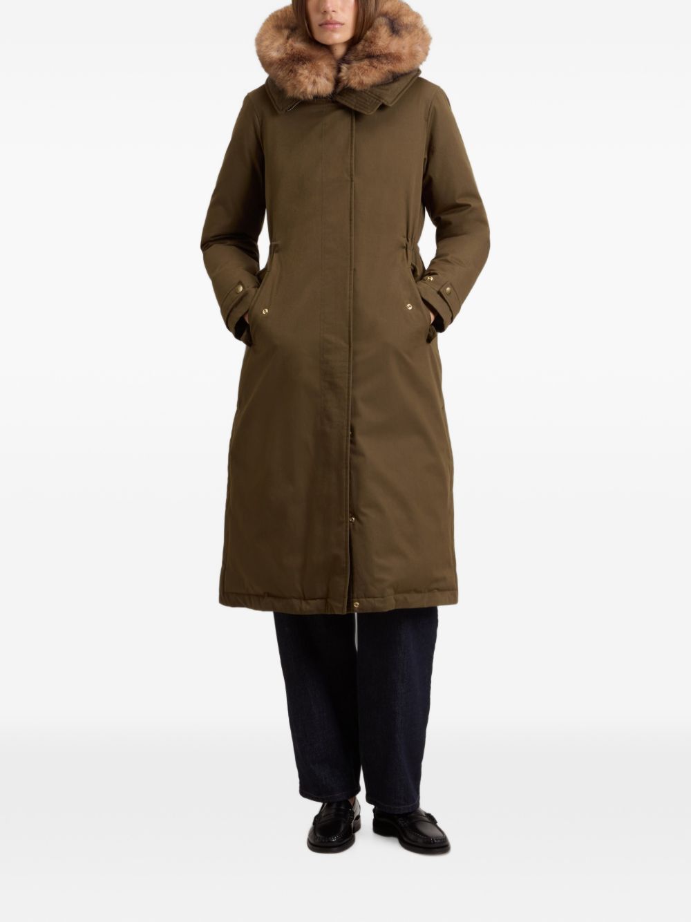 WOOLRICH Parka lungo verde oliva con cappuccio imbottito