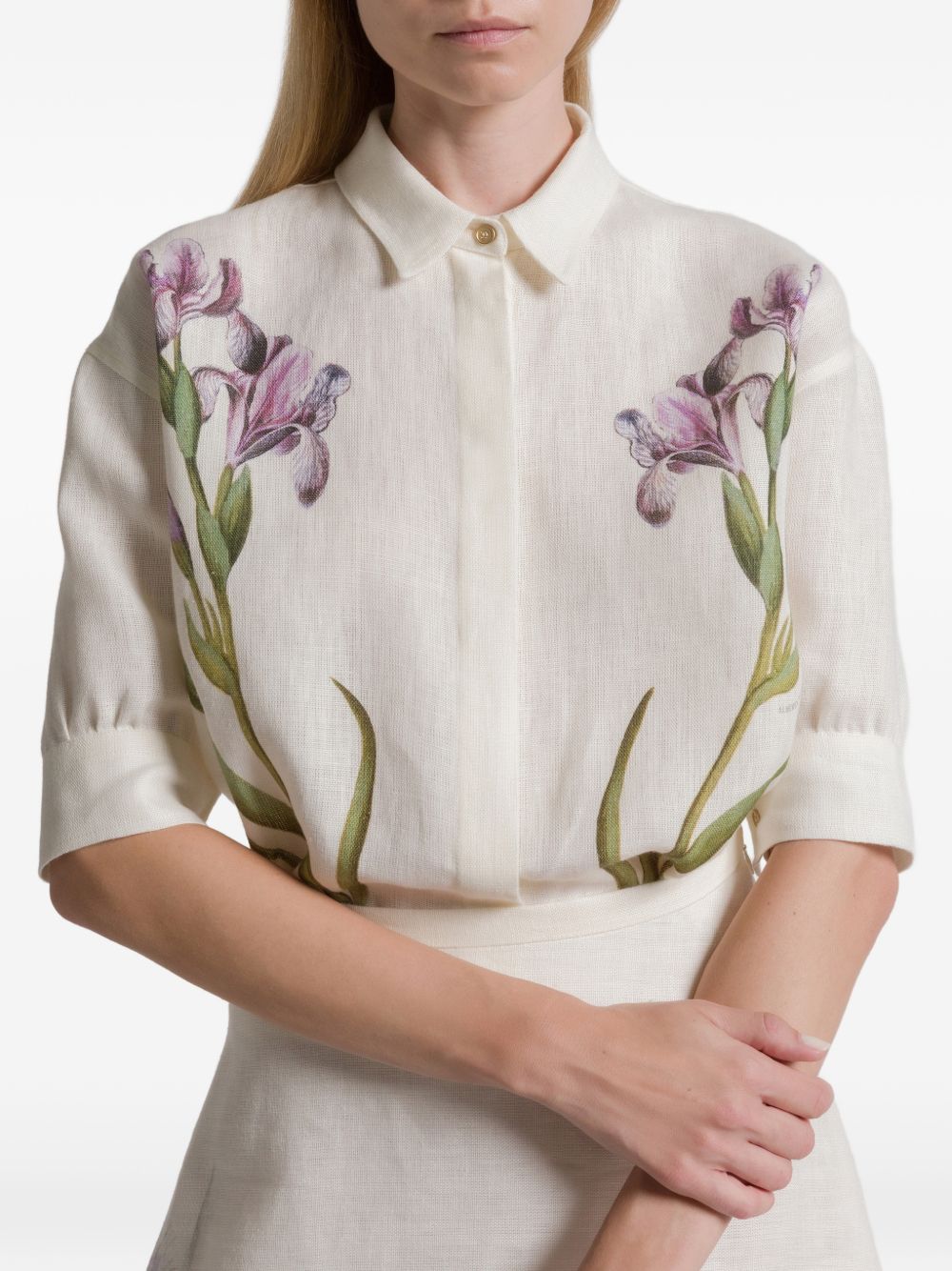 ALBERTA FERRETTI Camicia a maniche corte in lino bianco con stampa floreale