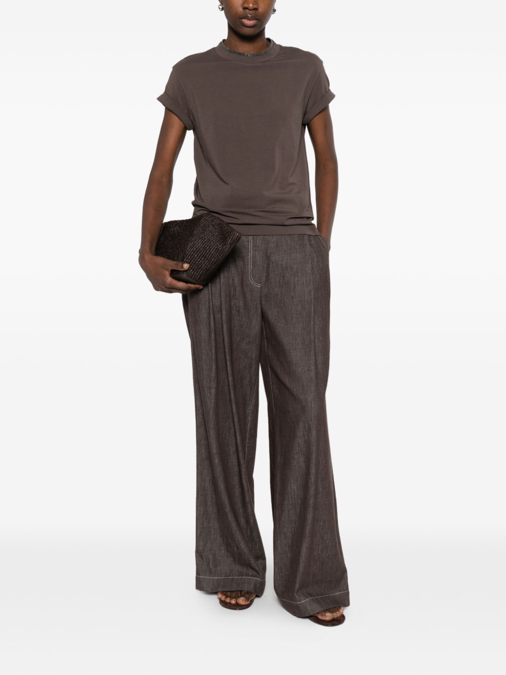 BRUNELLO CUCINELLI T-shirt marrone con dettagli al collo