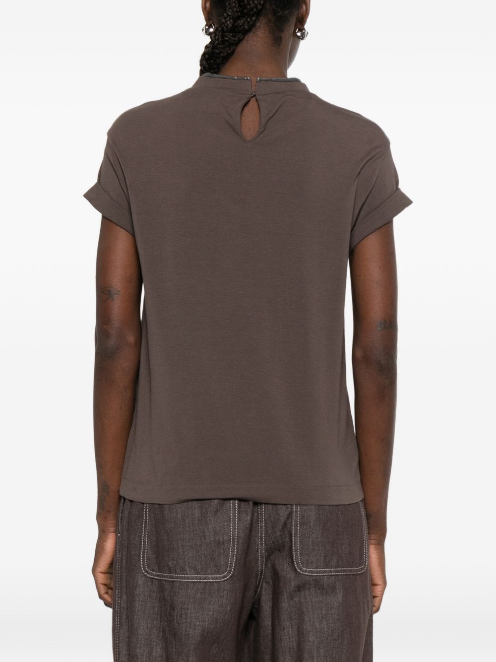 BRUNELLO CUCINELLI T-shirt marrone con dettagli al collo