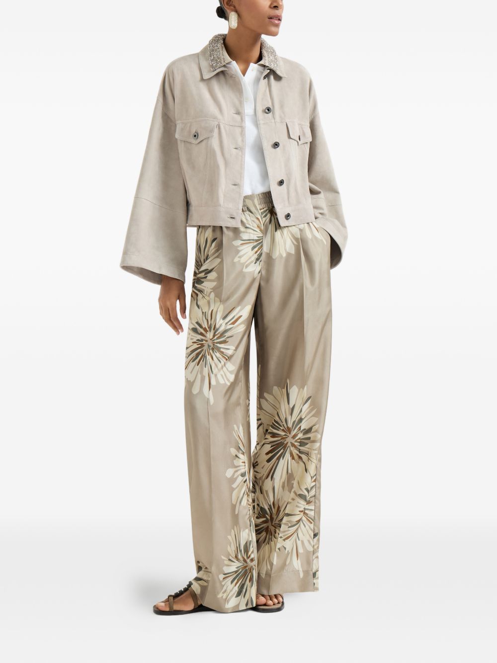 BRUNELLO CUCINELLI Polo in cotone bianco con colletto in maglia e paillettes