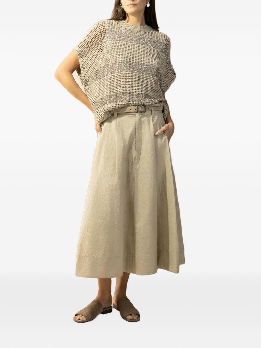 BRUNELLO CUCINELLI Blusa color champagne a righe con strass