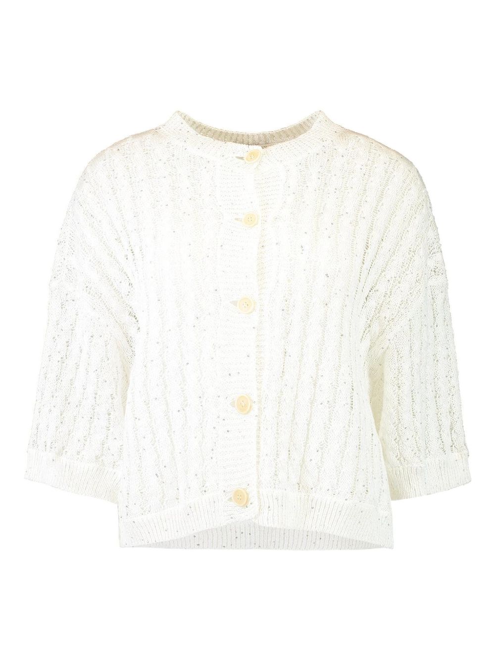 BRUNELLO CUCINELLI Cardigan in lino bianco con trecce e paillettes