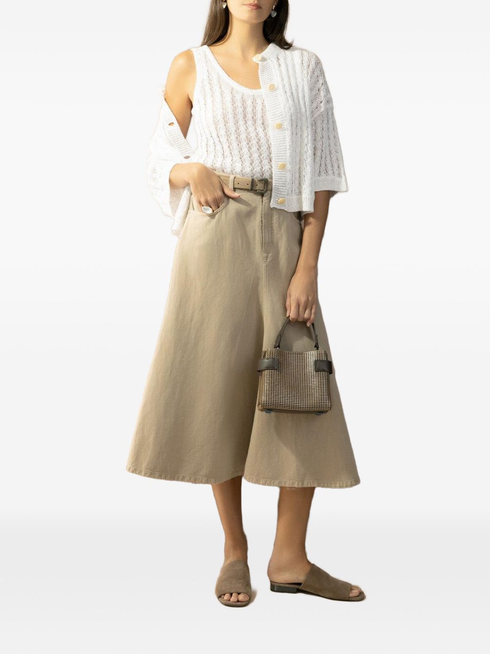 BRUNELLO CUCINELLI Cardigan in lino bianco con trecce e paillettes
