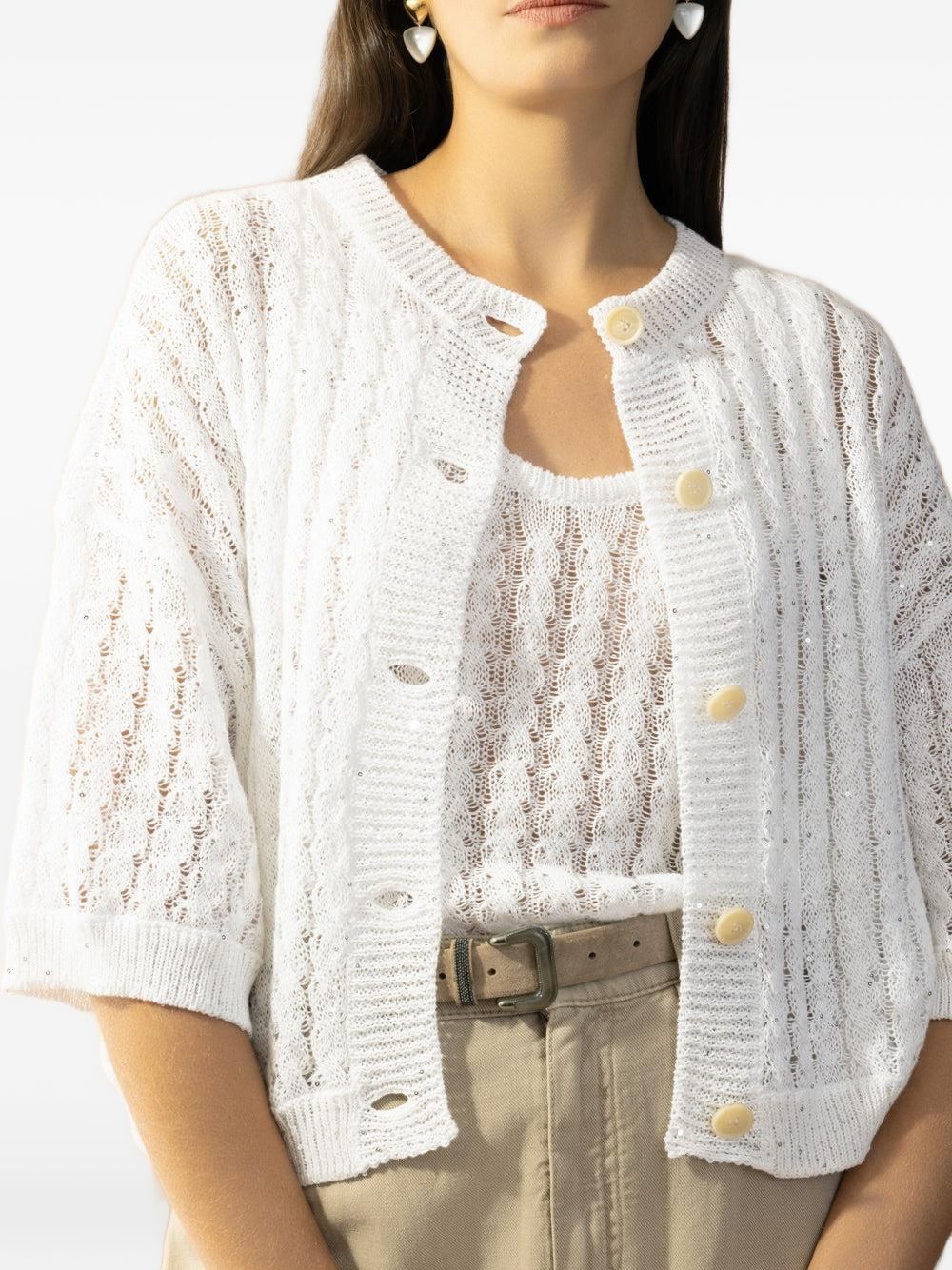 BRUNELLO CUCINELLI Cardigan in lino bianco con trecce e paillettes