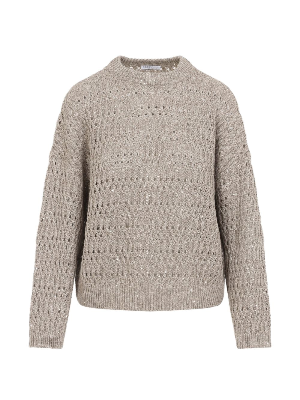 BRUNELLO CUCINELLI Maglia beige a trama larga con strass ricamati