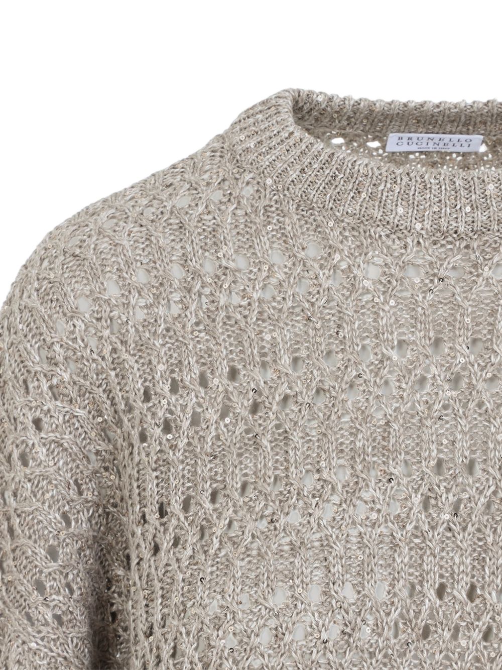 BRUNELLO CUCINELLI Maglia beige a trama larga con strass ricamati