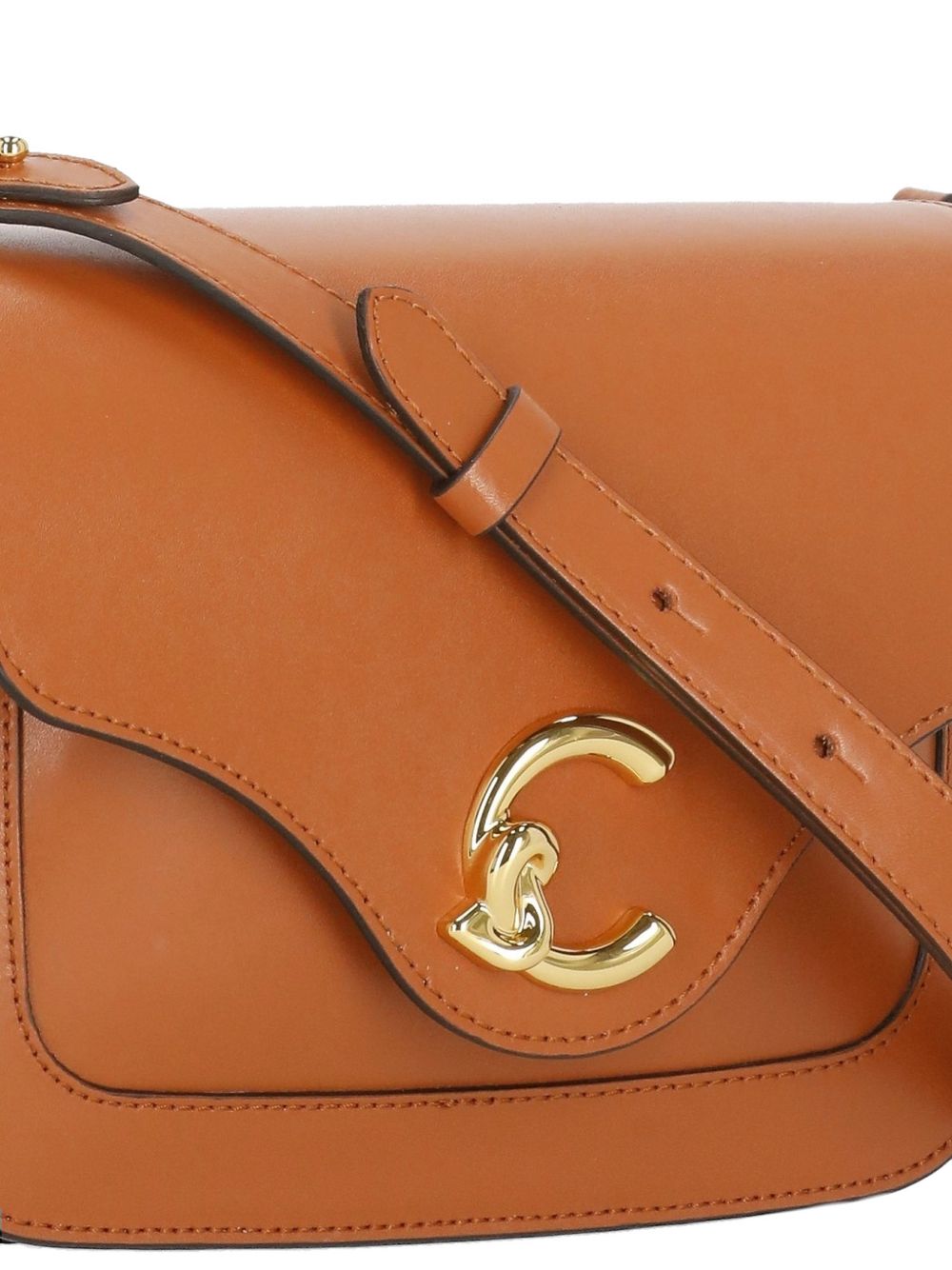 COCCINELLE Borsa a tracolla in pelle marrone con placca logo