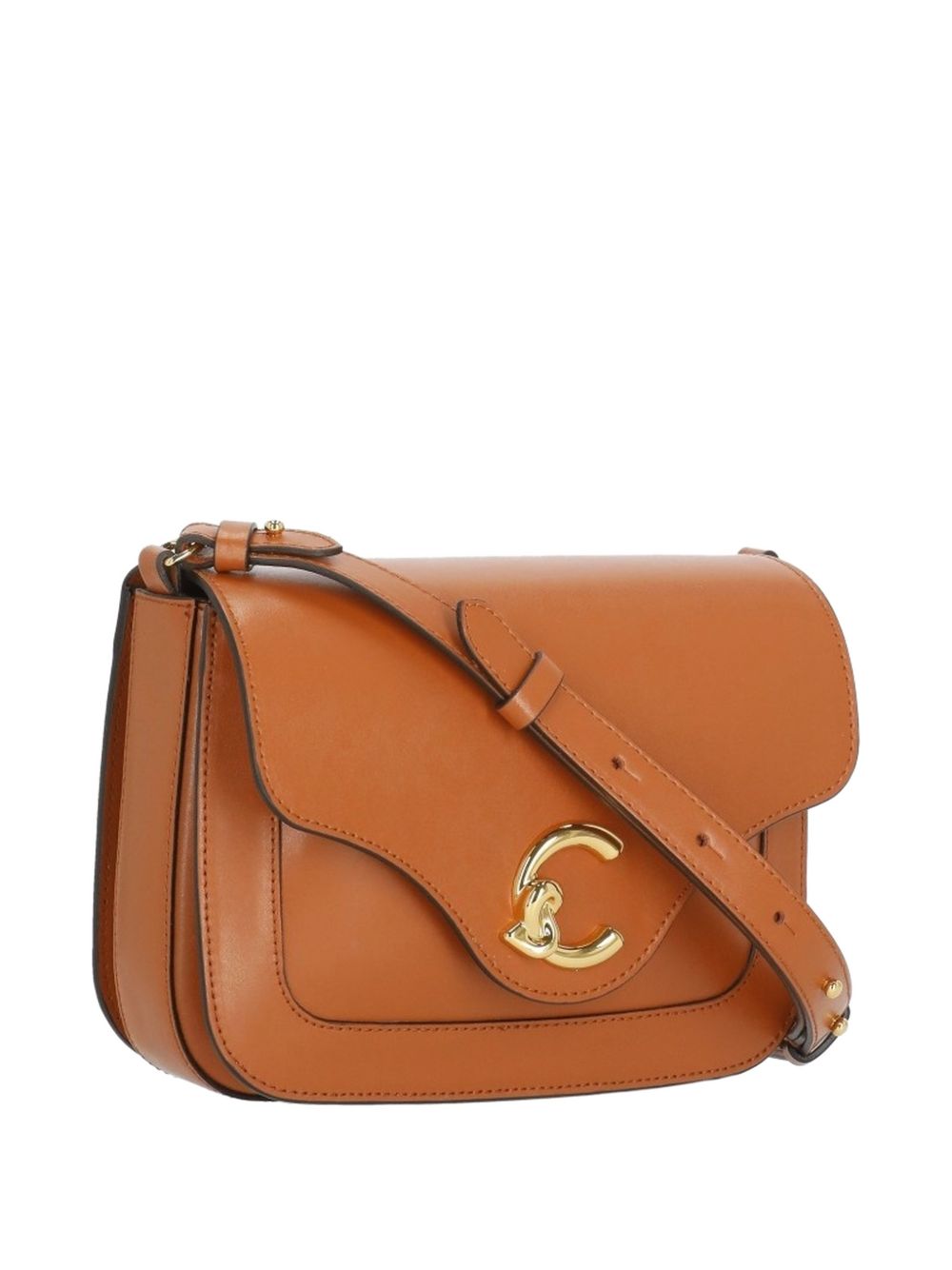 COCCINELLE Borsa a tracolla in pelle marrone con placca logo