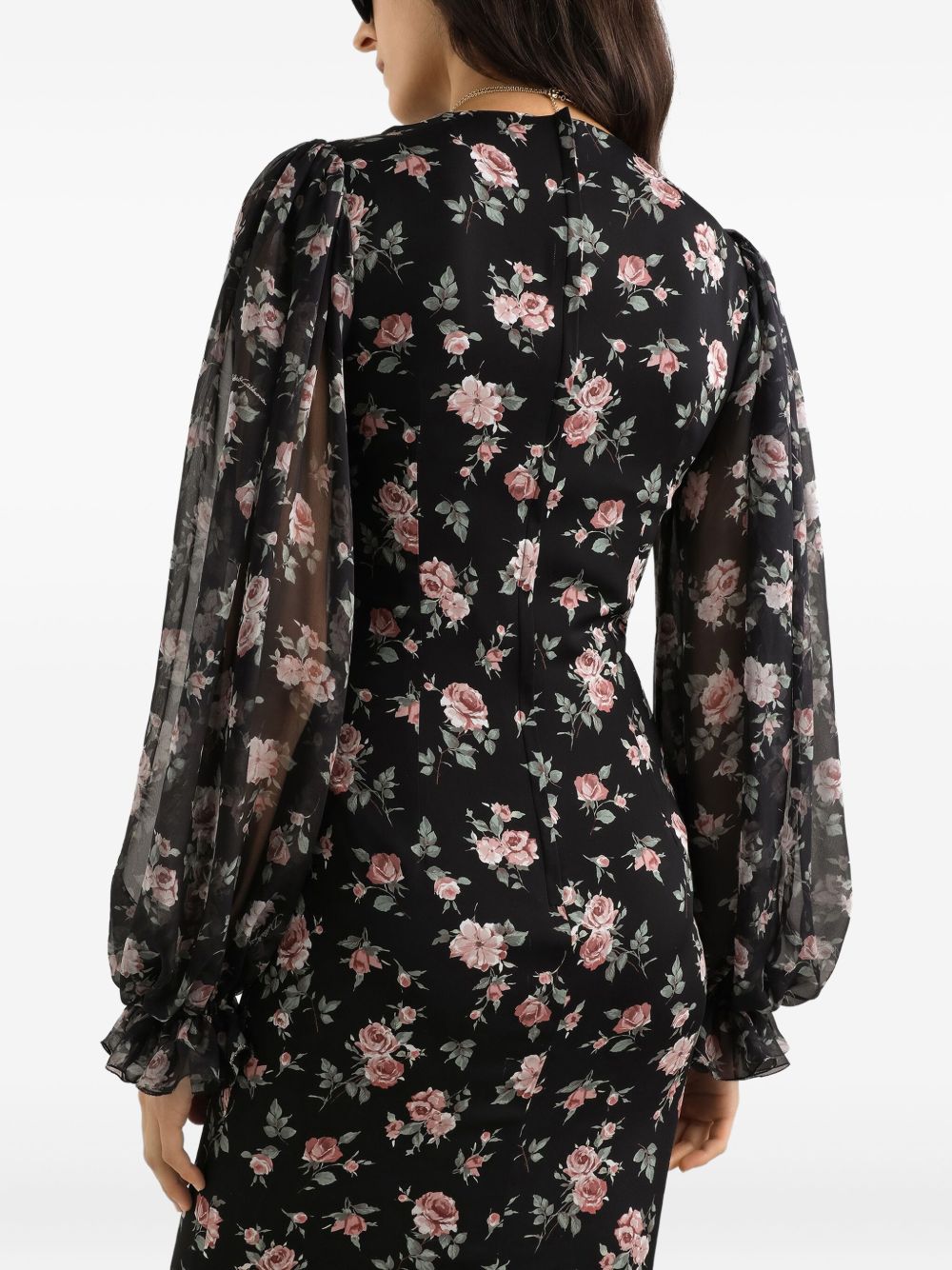 DOLCE e GABBANA Abito midi nero aderente con stampa floreale