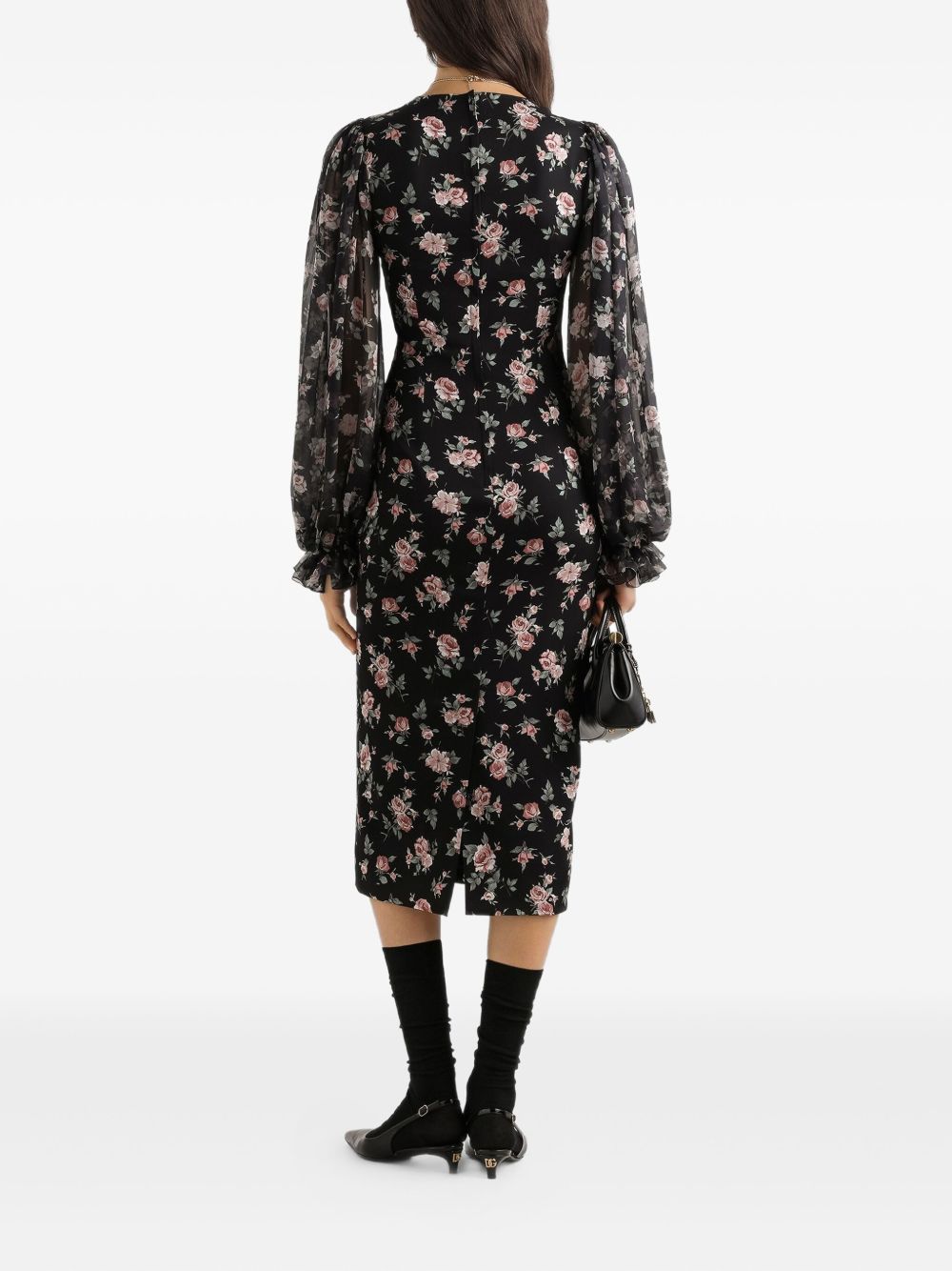 DOLCE e GABBANA Abito midi nero aderente con stampa floreale