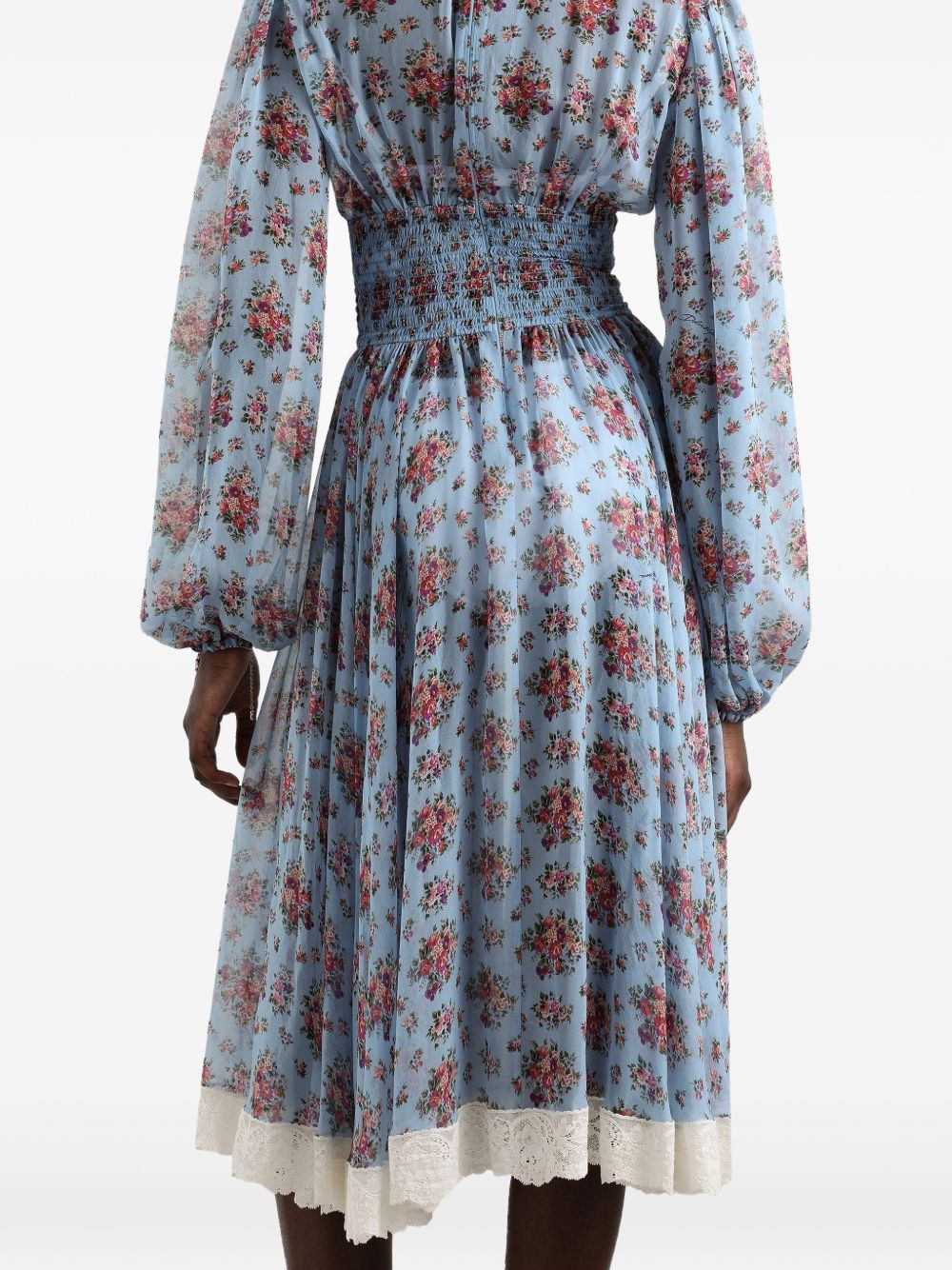 DOLCE e GABBANA Abito midi in seta e cotone celeste con stampa floreale e trina