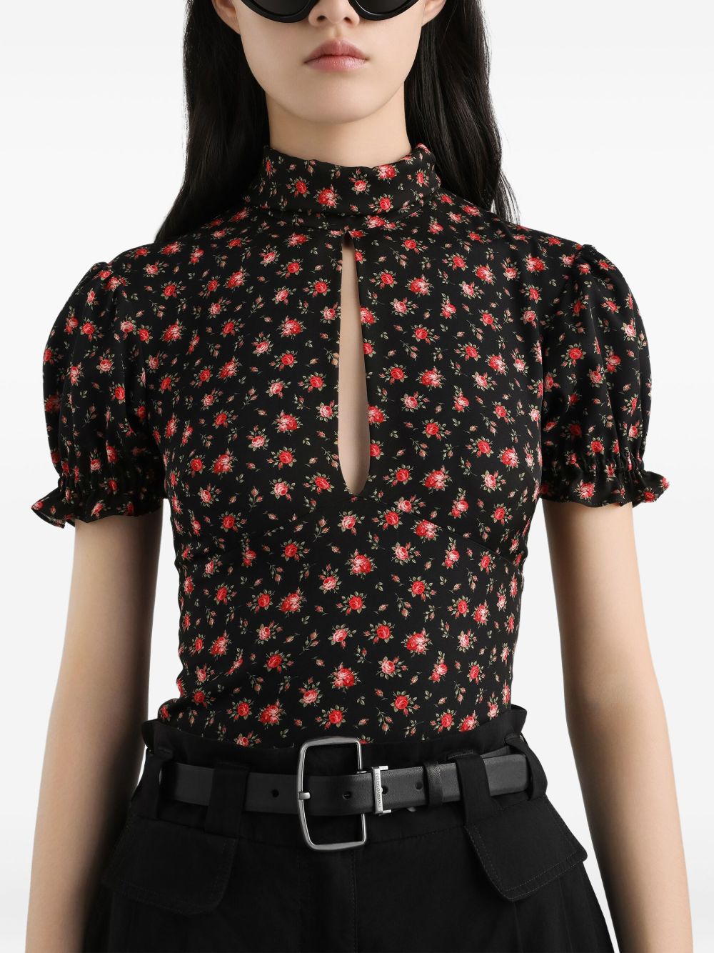 DOLCE e GABBANA Blusa nera in seta con stampa floreale