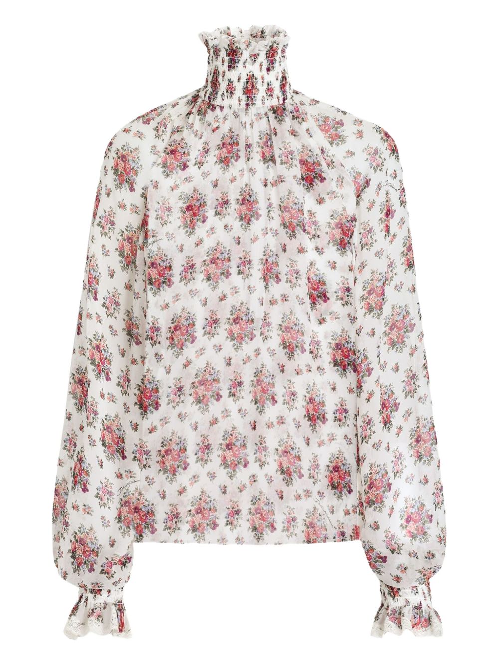 DOLCE e GABBANA Blusa in cotone bianco con stampa floreale e collo alto