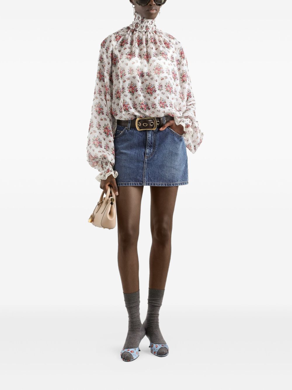 DOLCE e GABBANA Blusa in cotone bianco con stampa floreale e collo alto