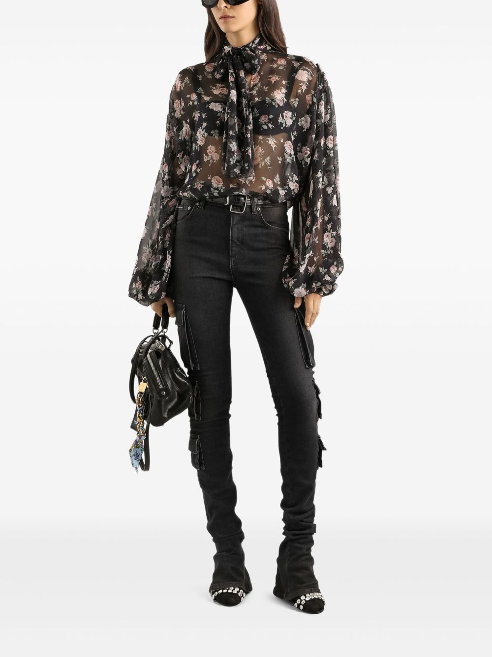 DOLCE e GABBANA Blusa semitrasparente nera con stampa floreale