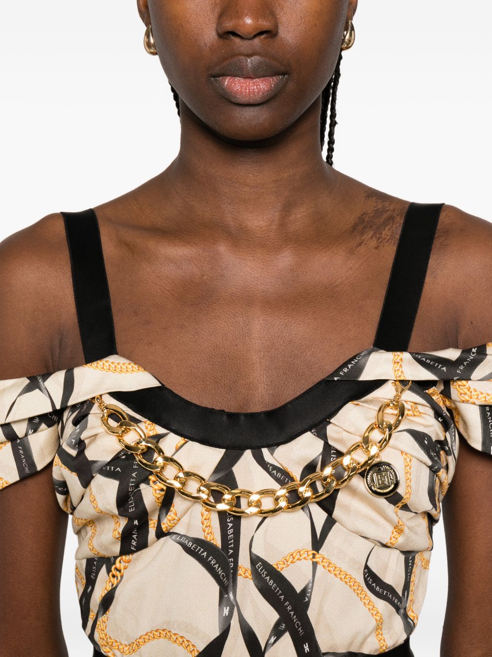 ELISABETTA FRANCHI Abito midi stampato con volant in cotone beige
