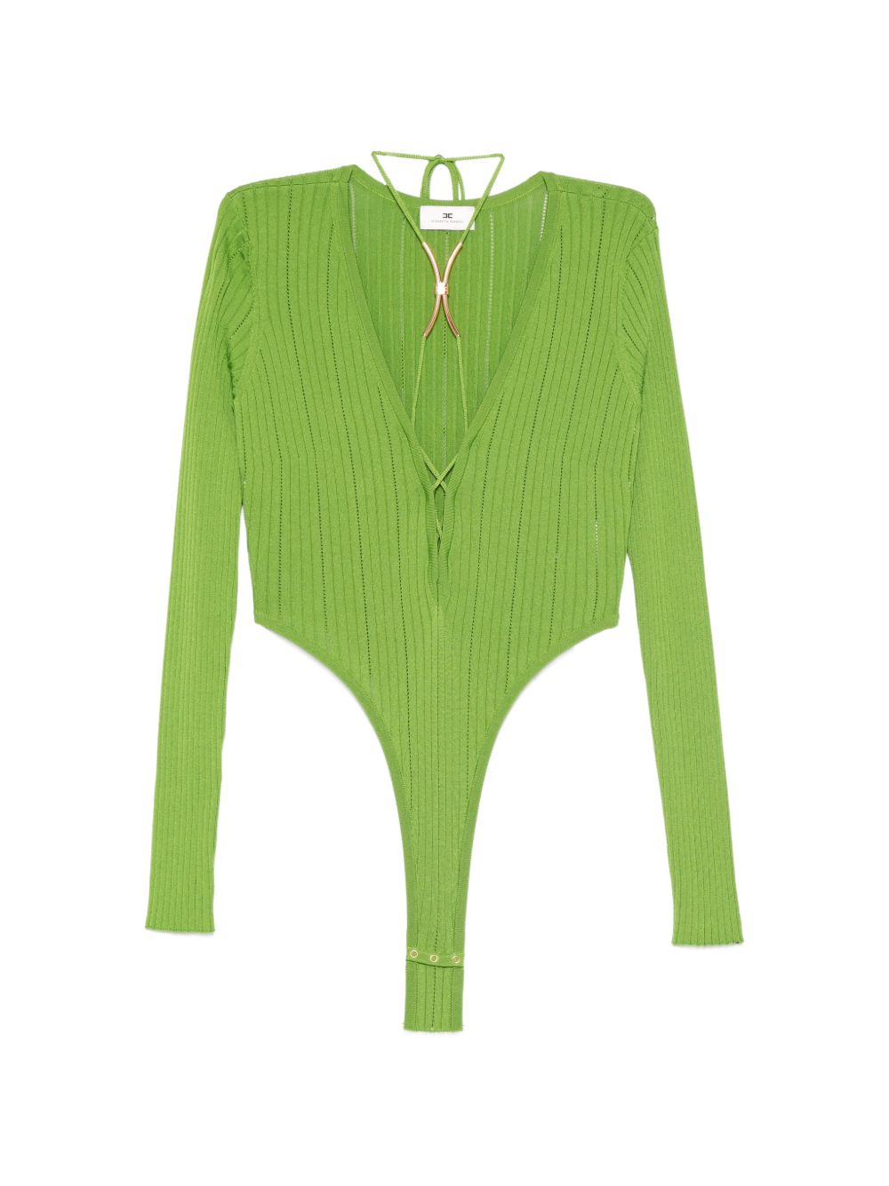 ELISABETTA FRANCHI Body in maglia a coste verde con scollo a V