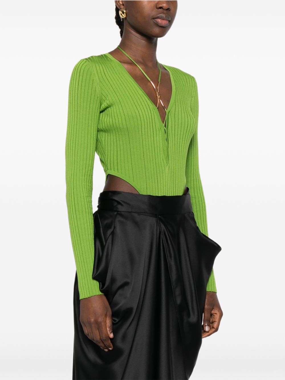 ELISABETTA FRANCHI Body in maglia a coste verde con scollo a V