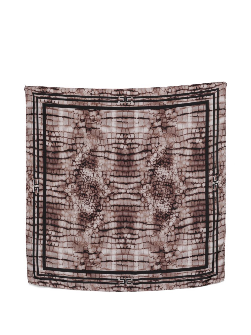 ELISABETTA FRANCHI Foulard quadrato in seta marrone con stampa coccodrillo