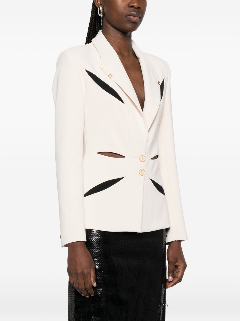 ELISABETTA FRANCHI Giacca in crêpe leggero con intarsio geometrico floreale e cut-out bicolore