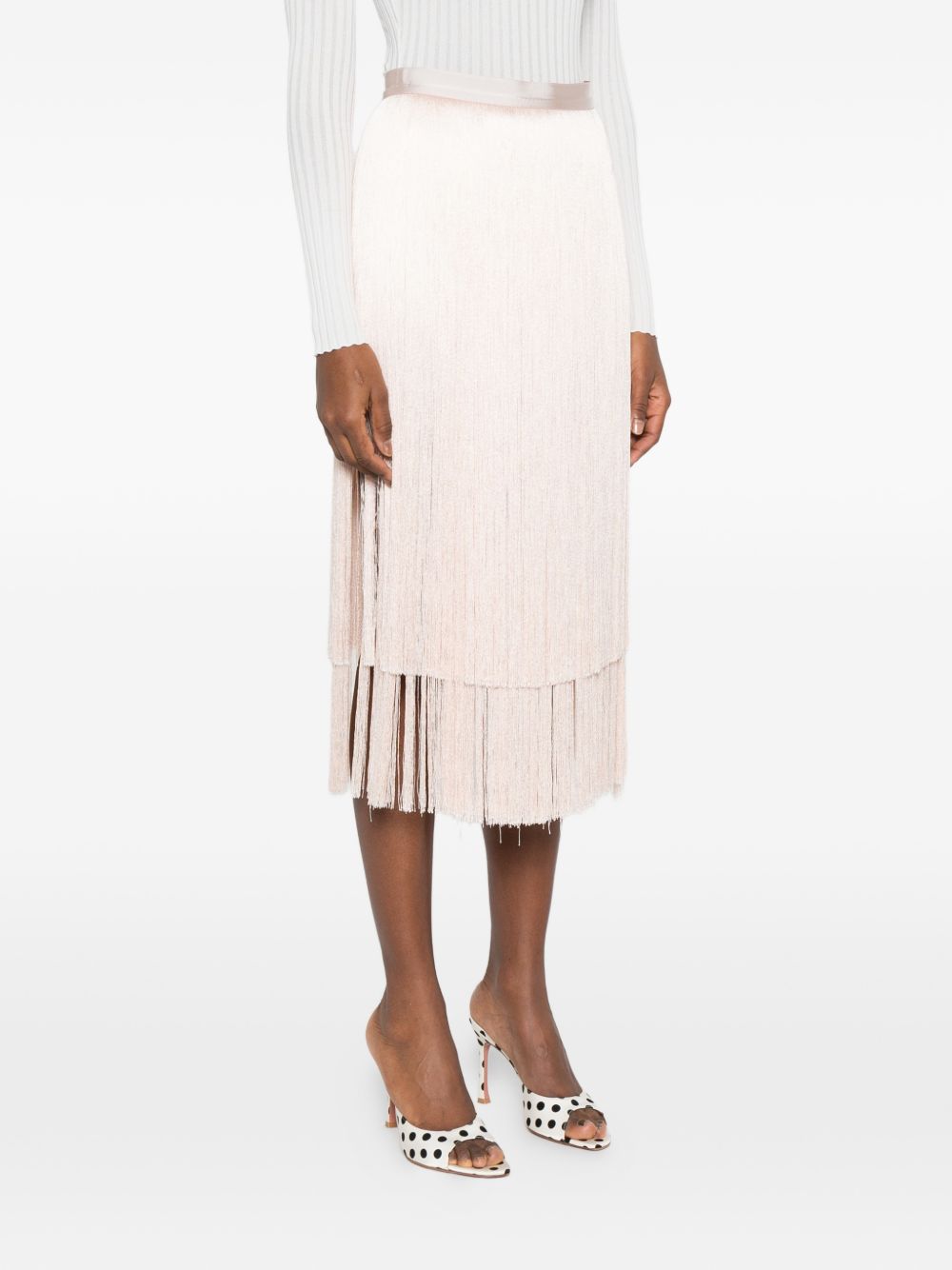 ELISABETTA FRANCHI Gonna midi con frange color rosa cipria