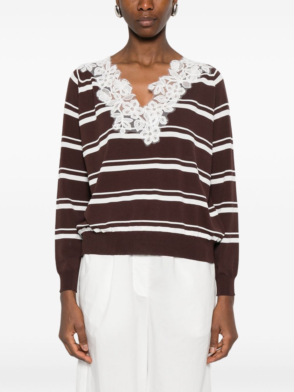 ERMANNO FIRENZE Maglia a righe con scollo a V impreziosito da pizzo bianco
