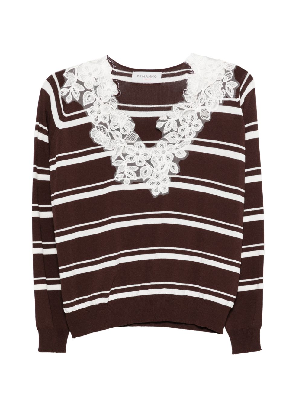 ERMANNO FIRENZE Maglia a righe con scollo a V impreziosito da pizzo bianco