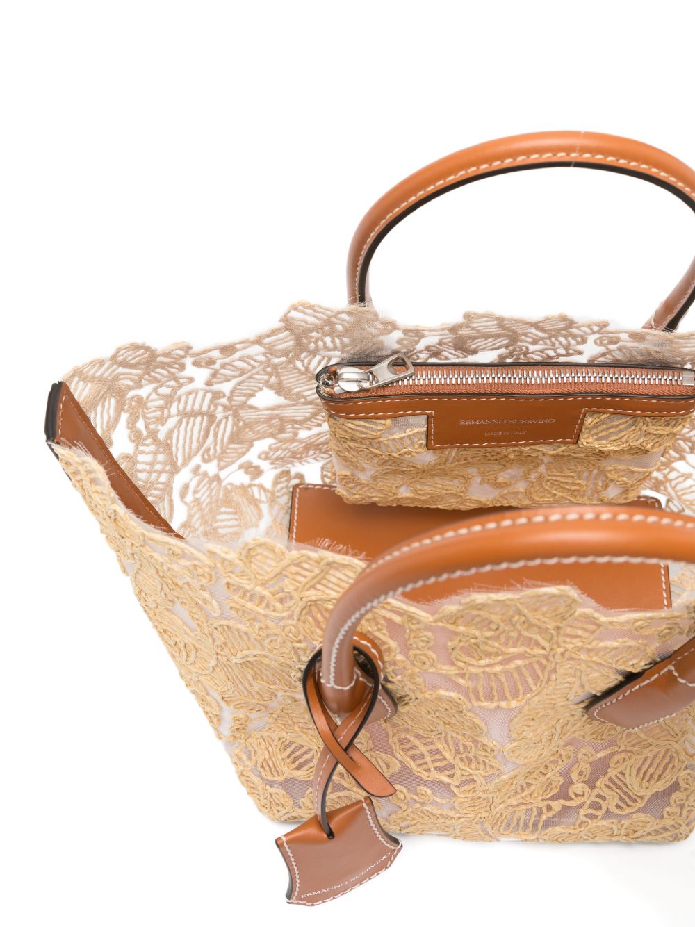 ERMANNO SCERVINO Borsa tote in pizzo floreale beige con manici superiori