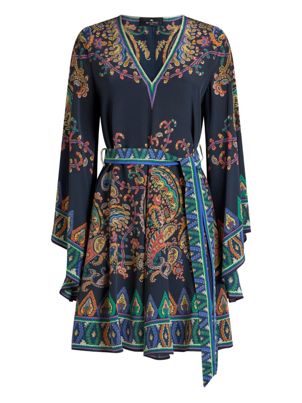 ETRO Abito mini blu in seta con cintura e stampa