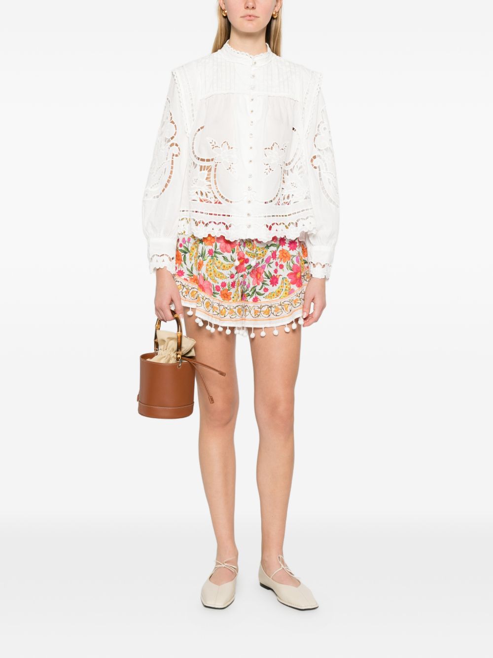 FARM RIO Blusa con ricami floreali in cotone bianco
