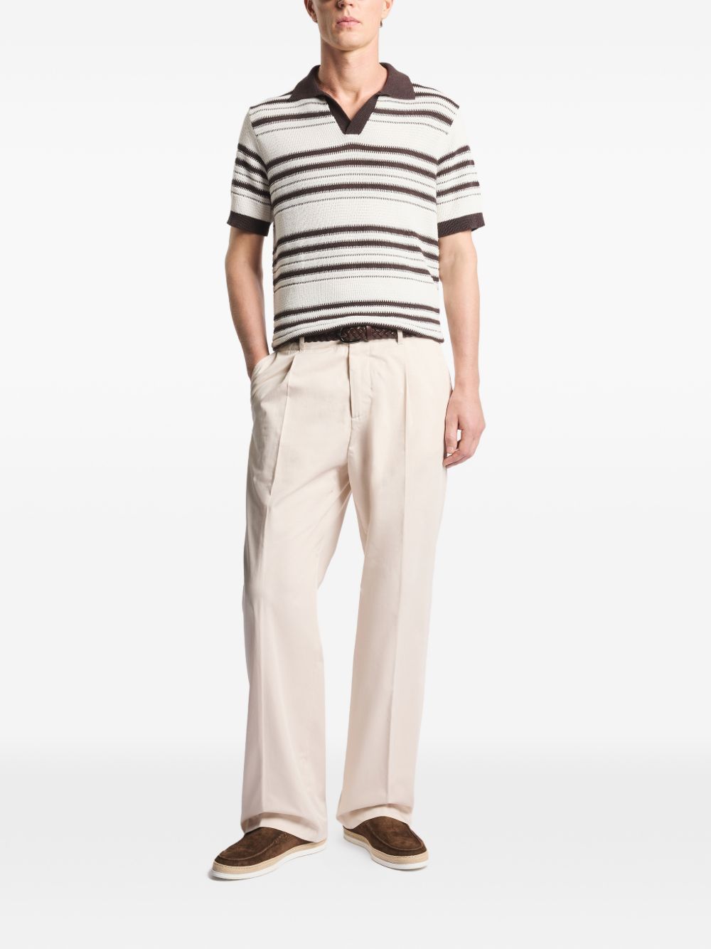 FAY Polo in maglia bianca e marrone a righe con scollo a V