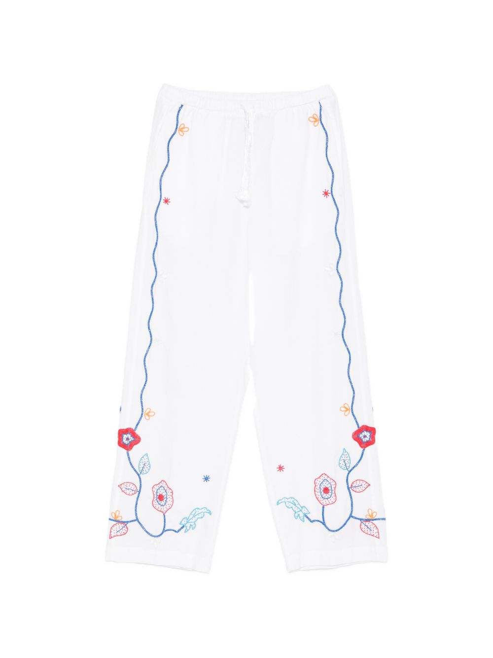 FORTE FORTE Pantaloni in cotone bianco con ricami floreali colorati
