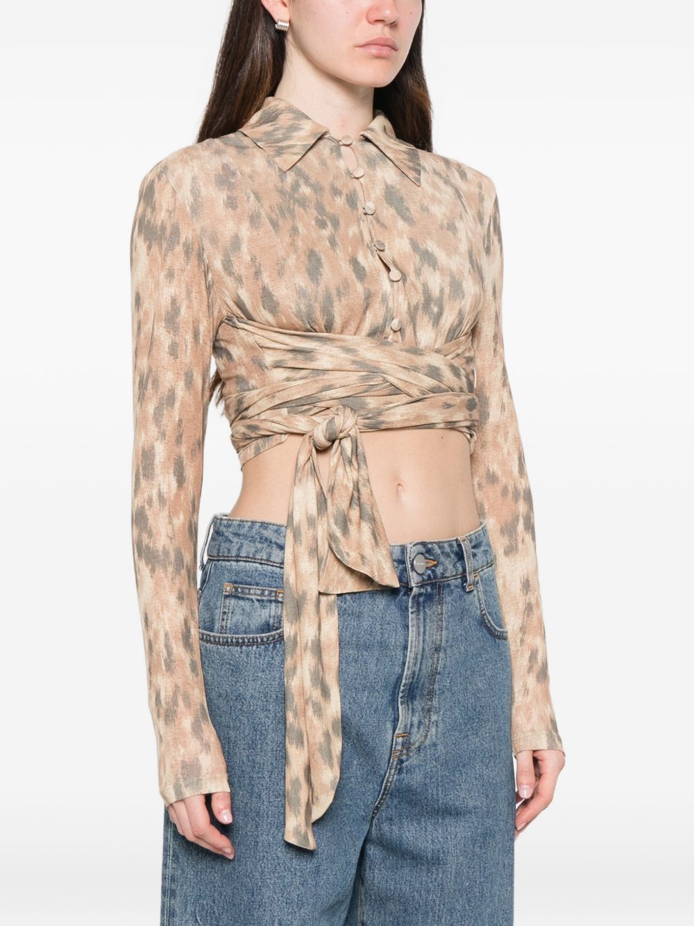 GANNI Blusa con stampa animalier e lacci in vita