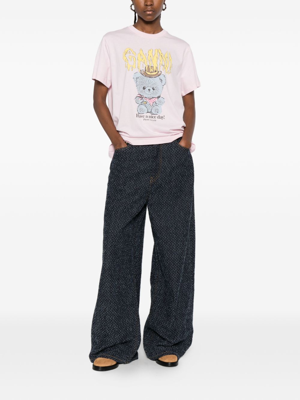 GANNI T-shirt rosa con stampa teddy