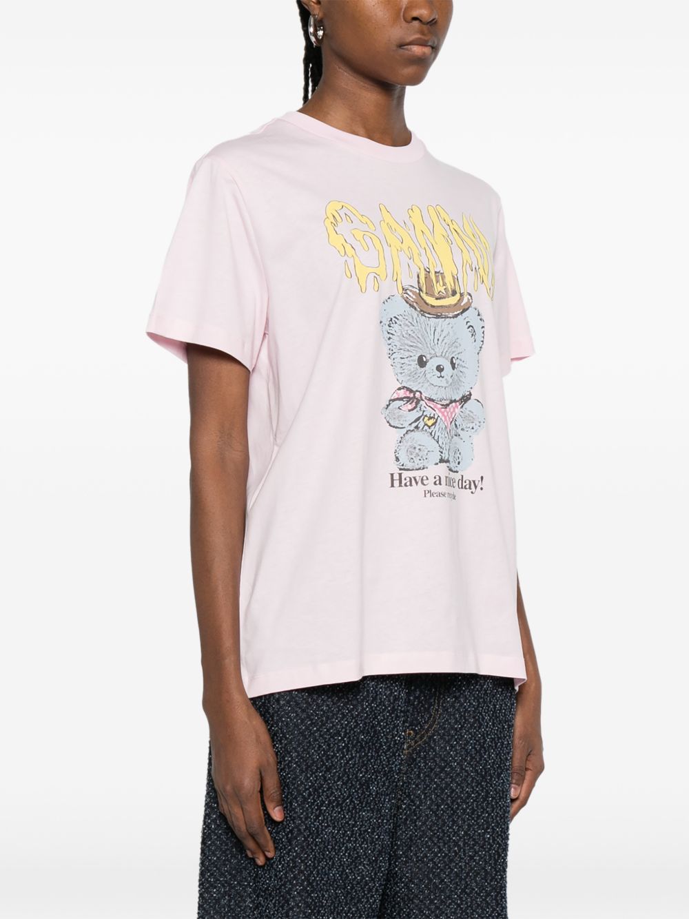 GANNI T-shirt rosa con stampa teddy