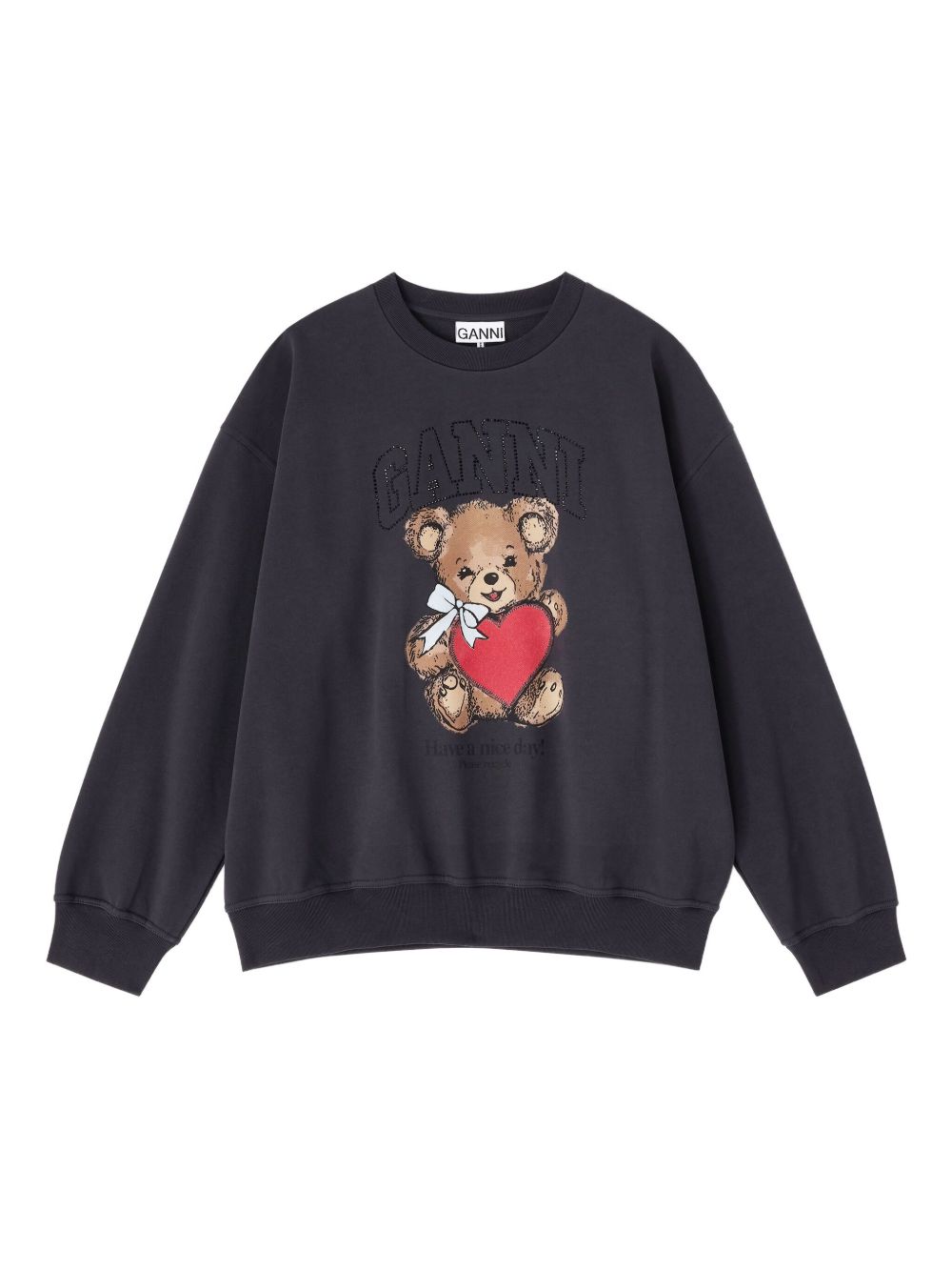 GANNI Felpa nera in cotone con stampa teddy