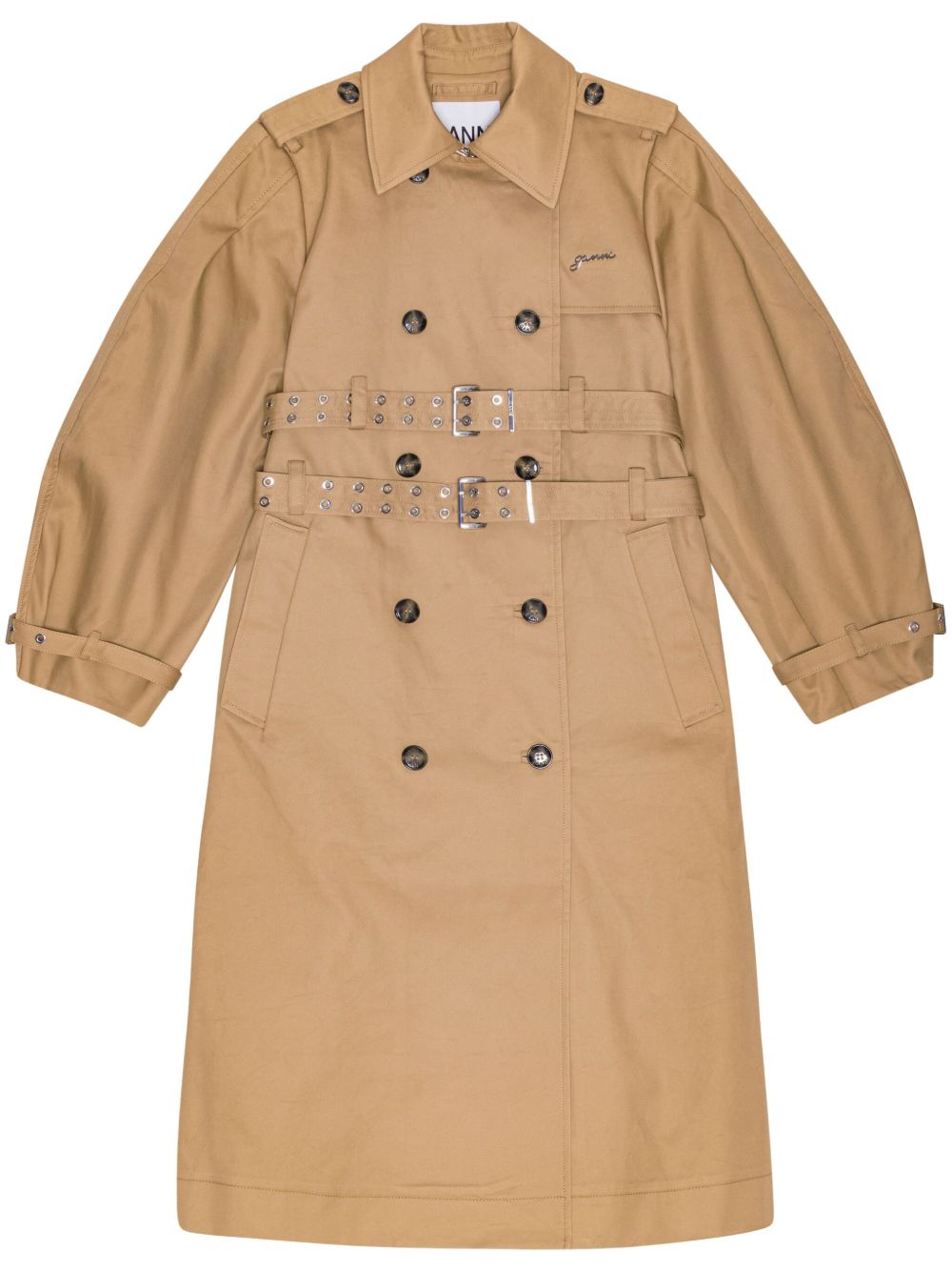GANNI Trench lungo in cotone beige doppiopetto